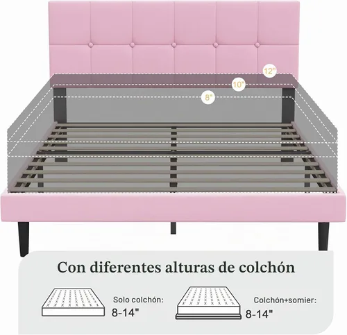 Vista 8 de Base de cama de plataforma de terciopelo tamaño Queen con cabecera tapizada y soporte de listones resistentes, diseño capitoné, no requiere somier