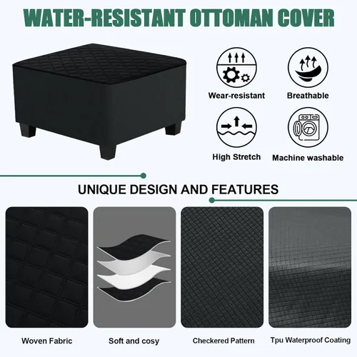 Vista 5 de Funda de otomano acolchada impermeable con protector de reposapiés para sofá, cubierta para taburete, protector para taburete con lazada Negro