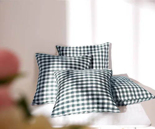 Vista 19 de Deconovo Almohada decorativa de lino sintético para el hogar, hecha a mano, a cuadros, para sofá, 18 x 18 pulgadas, gris oscuro y blanco