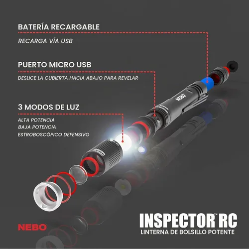 Vista 8 de NEBO INSPECTOR RC Luz de Lápiz 360 Lúmenes, 3 Modos de Luz, Recargable y Linterna LED Alimentada por Batería AAA, Impermeable, Compacta