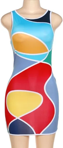 Vista 3 de DOUCIU Vestido de fiesta con cuello redondo y estampado floral sexy para mujer, sin mangas, elástico, midi, ajustado, colorido vestido de fiesta