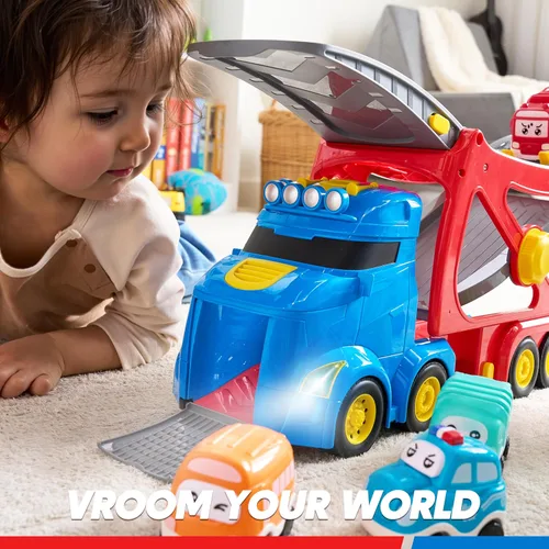 Vista 6 de Vroomix Camiones de Juguete Extra Grandes para Niños Pequeños, Camiones de Ciudad de 3 Niveles para Niños, Camión Transportador Grande 7 en 1