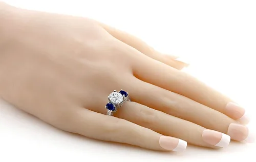 Vista 5 de Anillo de plata de ley 925 con moissanita creada en color blanco de piedra de gema King y zafiro azul para mujer (3.21 quilates), disponible
