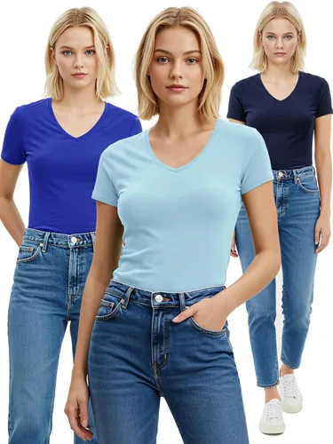 Vista 118 de Emmalise Camiseta de manga corta para mujer, cuello en V, tallas junior y plus