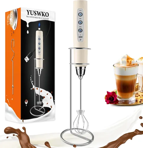 Vista 22 de YUSWKO Baby Blue - Varita espumadora de leche de mano para café, batidor eléctrico recargable con 3 cabezales, 3 velocidades, mezclador de bebidas