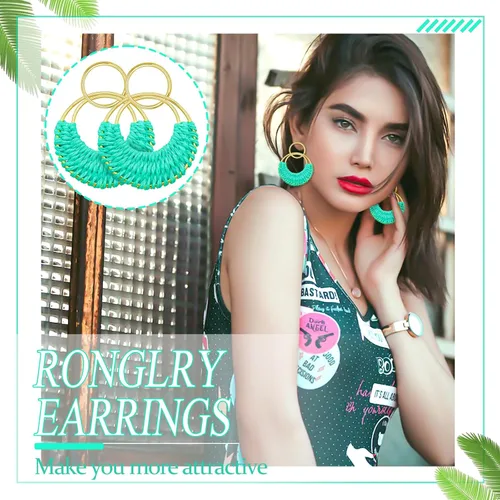 Vista 2 de Ronglry Aretes bohemios de ratán de rafia para mujeres y niñas, ligeros, hechos a mano, de mimbre trenzado, grandes, divertidos, modernos, regalos