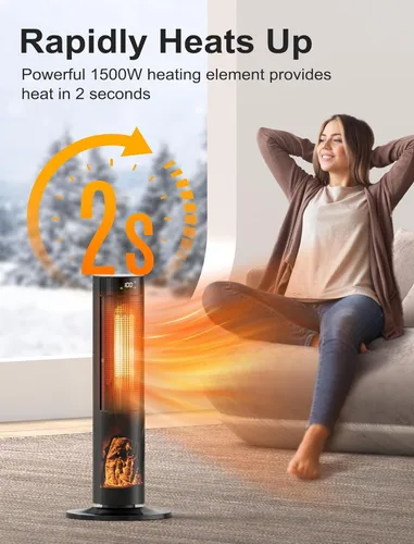 Vista 2 de TRUSTECH Calentador de espacio en torre de 26 pulgadas, calentador eléctrico de 1500 W para habitaciones grandes, termostato y 3 modos, oscilación