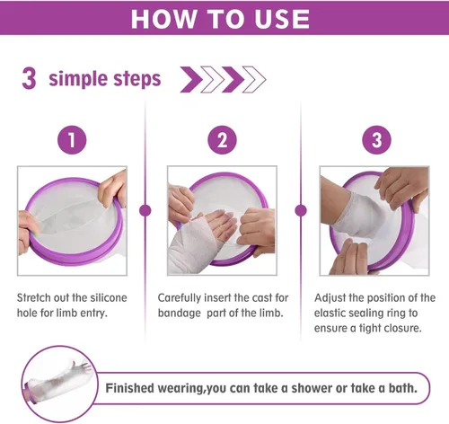 Vista 8 de Funda impermeable de pierna completa, protector de ducha reutilizable para rodillas, pies, vendaje de tobillo y cuidado de heridas, color morado
