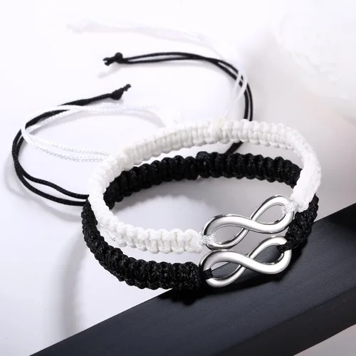 Vista 4 de RINHOO Forever Lovers - Juego de 2 pulseras de acero inoxidable con infinitos, cuerda trenzada de cuero, pulsera de muñeca ajustable de 7 a 9