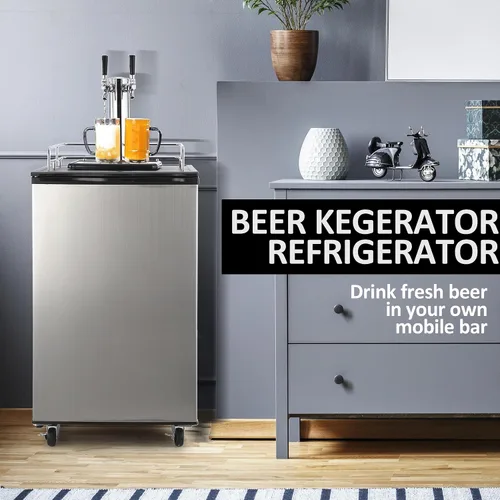 Vista 7 de Kegerator y enfriador de cerveza de barril, dispensador de cerveza de doble grifo, refrigerador de barril de tamaño completo con estantes, acero