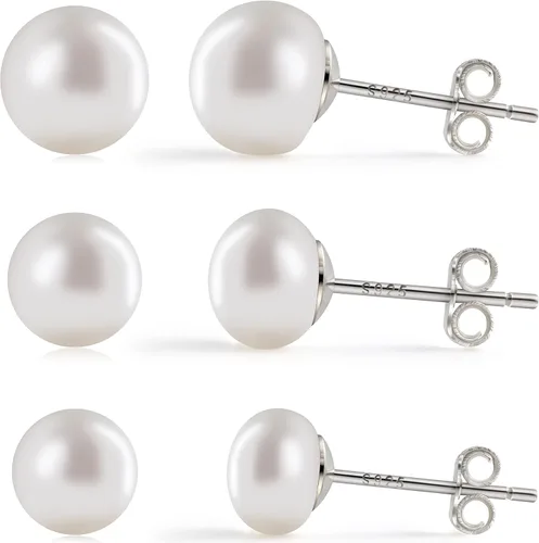 Vista 8 de Aretes de perlas de plata de ley de 0.496 pulgadas y 0.575 pulgadas y 0.732