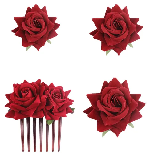 Vista 7 de 4 horquillas rosas para mujer, broche de rosa nupcial, pinzas florales para boda, para mujer, niña, fiesta, boda (negro)