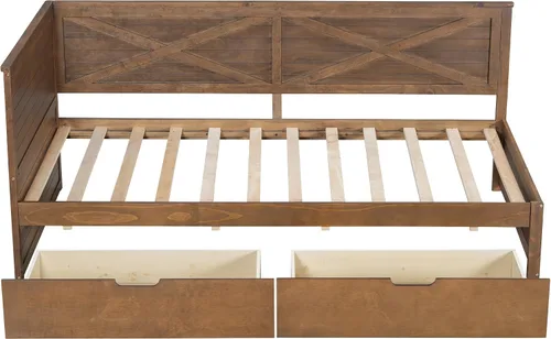 Vista 6 de Sofá cama de madera de tamaño individual con nido y cabecera en forma de L, marco de madera para sofá cama con barandilla rústica y soporte