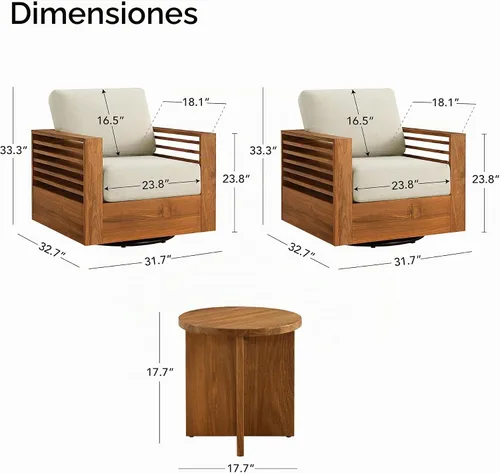 Vista 2 de CHITA Juego de 3 piezas de acacia para patio, silla giratoria para muebles