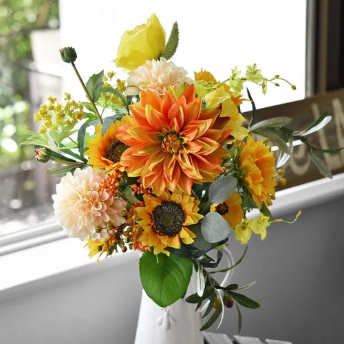 Vista 4 de FiveSeasonStuff Flores artificiales de seda de dalia para exteriores e interiores y jarrones altos, 2 tallos (ámbar amarillo otoño)