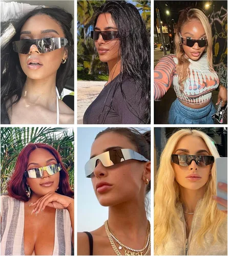 Vista 3 de NULOOQ Y2K - Gafas de sol futuristas envolventes sin montura para mujeres y hombres, gafas de sol de moda Cyberpunk con visera monobloque