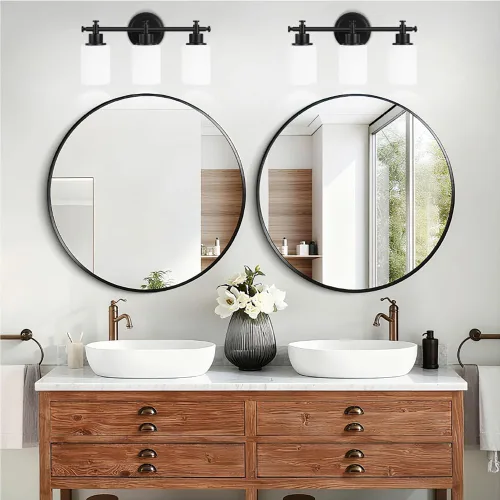 Vista 8 de Lámparas de baño negras de 3 luces, modernas luces de tocador sobre el espejo, apliques de pared de baño con pantalla de vidrio blanco, enchufe E26
