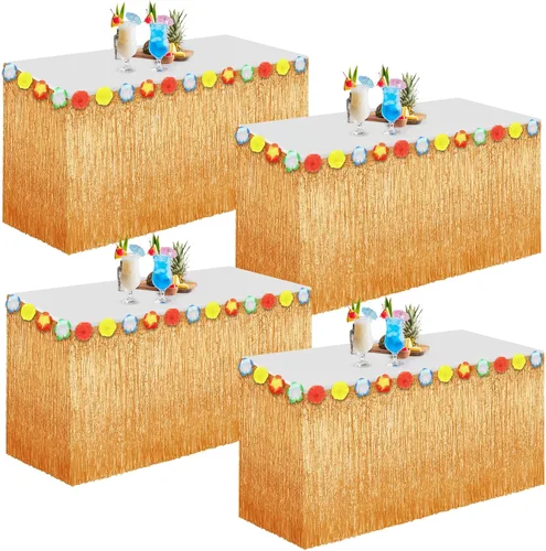 Vista 9 de Morcheiong Paquete de 1 falda de mesa de hierba Luau, 9 pies x 29.5 pulgadas, falda de mesa hawaiana para Tiki, selva, suministros de decoración
