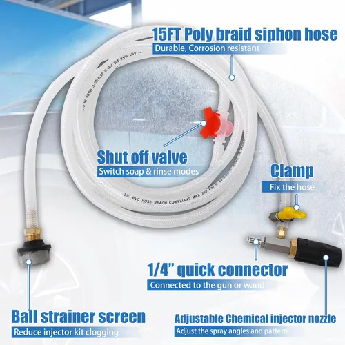 Vista 5 de JOEJET Inyector aguas abajo para lavadora a presión, kit de inyector químico ajustable, lavadora de potencia variable Boquilla de largo alcance