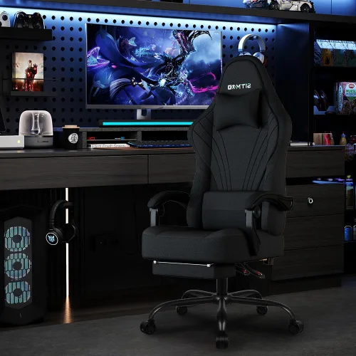 Vista 2 de Silla de juegos, sillas de juegos grandes y altas para adultos con reposapiés y soporte lumbar, cómoda silla de computadora de tela ergonómica