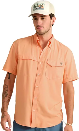 Vista 26 de HUK Men's Tide Point Kc Scott Original Artwork Short Sleeve Shirt, Fishing Button Down Negro