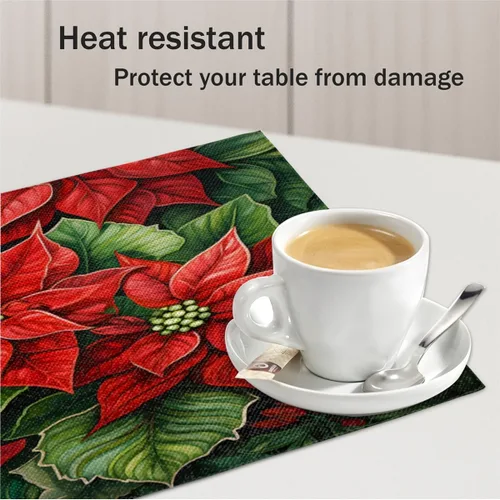 Vista 5 de Juego de 4 manteles individuales con diseño de flor de pascua de Navidad, lavables, impermeables, para decoración de mesa de comedor, 18 x 12