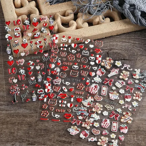 Vista 6 de Calcomanías de arte de uñas para el día de San Valentín, calcomanías de uñas de corazón lindo perro, oso, flor, corazón, amor, San Valentín, diseño