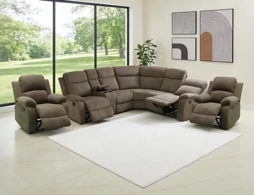 Vista 22 de Juego de sofá seccional reclinable manual, juegos de muebles de sala de estar, sofá seccional en forma de L y 2 sillas, cómodo sofá reclinable