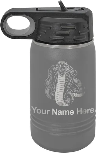Vista 70 de LaserGram Botella de agua personalizada, serpiente de cobra, acero inoxidable de doble pared aislada al vacío con popote superior, regalo grabado