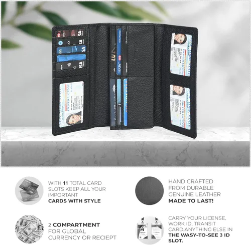 Vista 3 de Carteras de piel con bloqueo RFID, para cheques, con 11 ranuras para tarjetas, para mujer, cartera Rfid