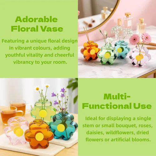 Vista 6 de Covzoe Paquete de 4 jarrones pequeños únicos, jarrón en forma de flor de vidrio Colorful Mini Bud Vases for Centerpieces, Cute Girly Modern