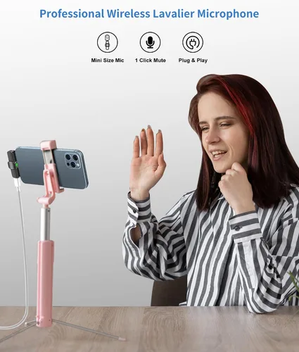 Vista 4 de Juego de 2 micrófonos inalámbricos de solapa Lavalier para iPhone, iPad, micrófono de grabación de condensador omnidireccional inalámbrico