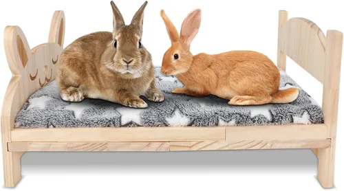 Vista 10 de BWOGUE Cama grande de madera de conejo, cama plegable 2 en 1 para mascotas con cojín reversible y almohada, fácil de montar, camas para animales