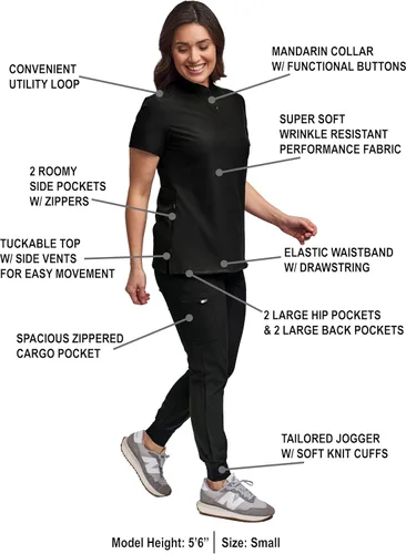 Vista 2 de Green Town Conjunto de uniforme médico para mujer, pantalón deportivo ajustado y cuello mandarín, uniforme de fácil cuidado