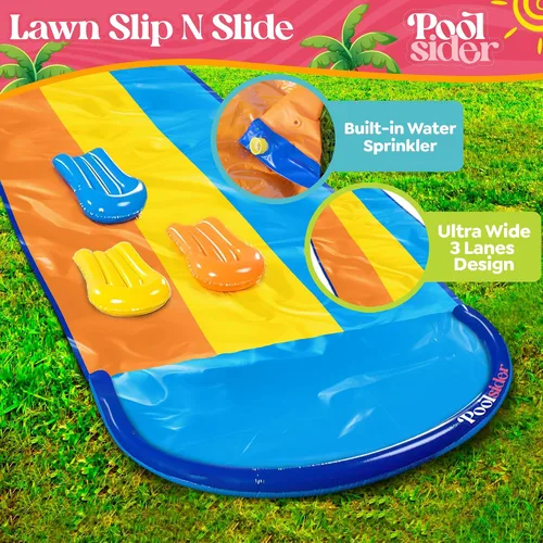 Vista 2 de POOLSIDER Tobogán acuático triple antideslizante y deslizante de 18 pies, 3 carriles azules, amarillos y naranjas con 3 tablas de bodyboard, diseño