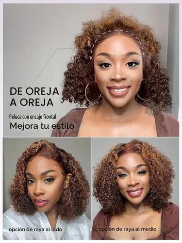 Vista 6 de LUVME HAIR Pelucas de cabello humano rizado marrón de 12 pulgadas, sin pegamento, precortada, con encaje frontal, prearrancado, 4/30, mezcla