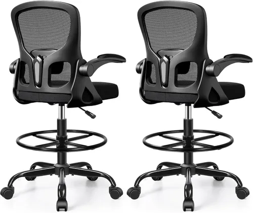 Vista 7 de Silla de dibujo alta de oficina para escritorio de pie, taburete ergonómico de trabajo para computadora con brazos abatibles, anillo de pie y Negro