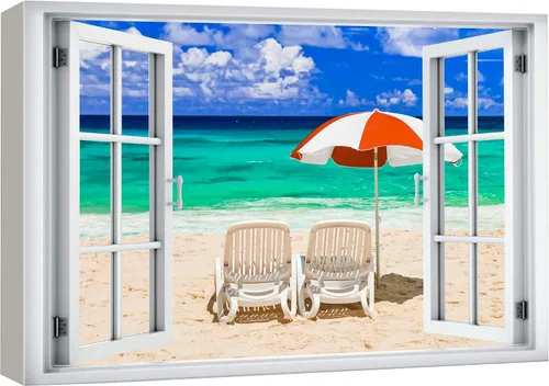 Vista 51 de wall26 - Cuadro en lienzo para pared, vista de ventana, atardecer neón, cielo, palmera tropical, playa, naturaleza, desierto, fotografía, realismo