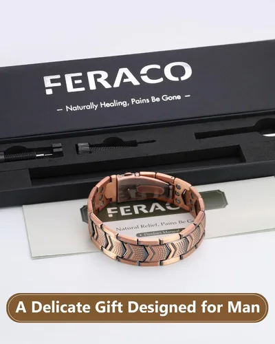 Vista 5 de Feraco Pulsera de cobre para hombre 3 veces más fuerza, 2 pulseras de terapia magnética de cobre con potentes imanes de 3800 Gauss, cierre plegable