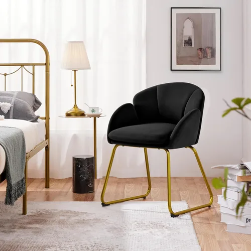 Vista 2 de Yaheetech - Silla de terciopelo moderna con forma de flor, silla de tocador para maquillaje con patas de metal dorado para sala de estar/habitación
