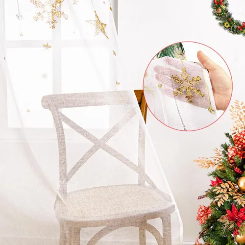 Vista 3 de FRAMICS Cortinas traslúcidas de Navidad para ventana, patrón de copos de nieve de estrellas, 2 paneles de gasa semitransparente, bolsillo para barra