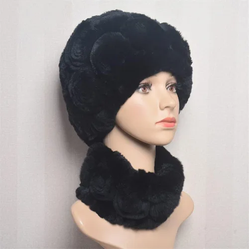 Vista 2 de Conjunto de sombreros de invierno para mujer, gorro de piel elástica, gorro de bufanda para mujer, sombrero de flores de rosa, suave, resistente al