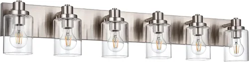 Vista 13 de Lámpara de tocador de baño de 3 luces de níquel cepillado, accesorios de iluminación sobre espejo con pantalla de vidrio transparente, modernos