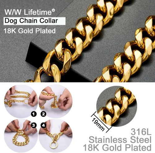 Vista 2 de Collar de cadena para perro, collar de acero inoxidable chapado en oro de 14 quilates, resistente, a prueba de mordidas, 0.748 in, 16 pulgadas