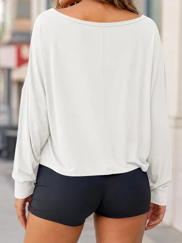 Vista 3 de Fisoew Camisetas de entrenamiento de manga larga de gran tamaño con hombros Blanco