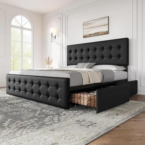 Vista 10 de IDEALHOUSE Marco de cama tamaño completo con 4 cajones de almacenamiento y cabecero, marco de cama plataforma tapizada en cuero sintético con Beige