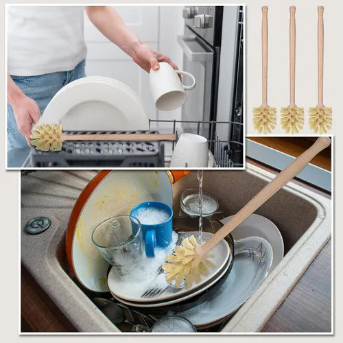 Vista 6 de Gejoy 6 cepillos de madera natural con cerdas largas de mango de madera de haya para limpiar botellas, tazas, tarros, vasos, platos, jarrones