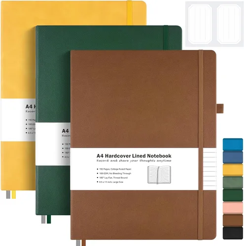 Vista 16 de Paquete de 3 cuadernos con rayas universitarias, cuaderno de cuero de tapa dura A4 para trabajo, cuaderno rayado diario para mujeres, hombres, 192