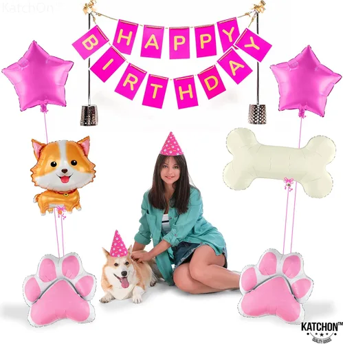 Vista 3 de KatchOn, Globo de perro para fiesta de cachorros, paquete de 14, globos de pata, globo de perro Globo rosa de hueso de perro para decoraciones