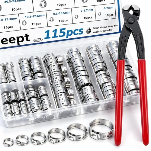 Vista 7 de Kit surtido de 170 piezas de abrazaderas de manguera de una oreja de acero inoxidable 304 de 13 tamaños, abrazaderas de manguera de crimpar de 5.3
